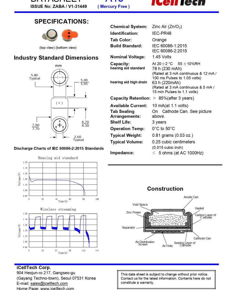13DS (6άδα) Zinc Air Battery iCelltech