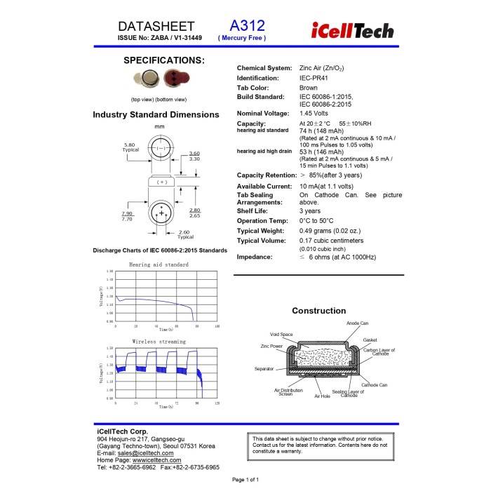 312DS (6άδα) Zinc Air Battery iCelltech